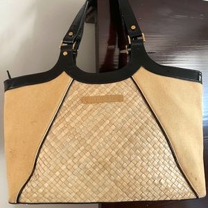 TORY BURCH Vintage Patent, Canvas and Raffia Shoulder Bag